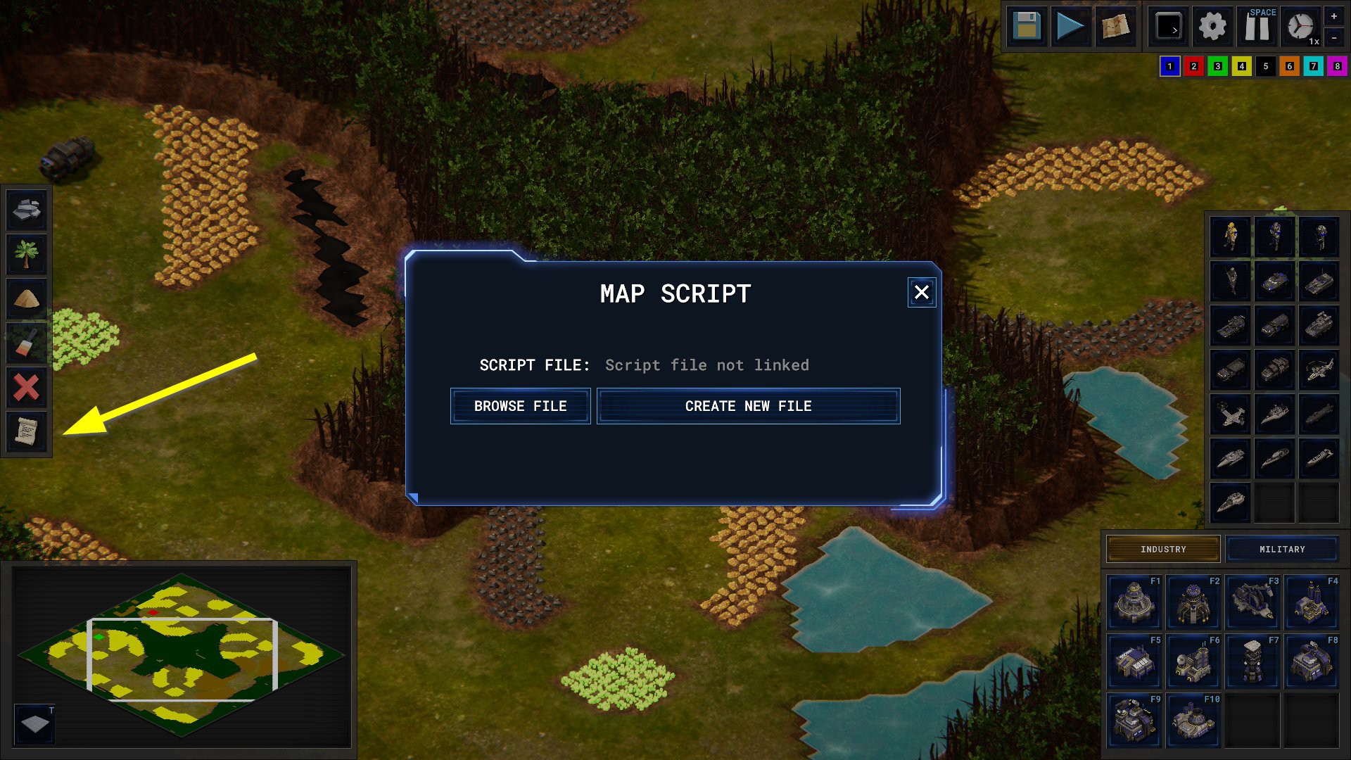 The Map Script panel in the map editor, with Browse File and Create New File options